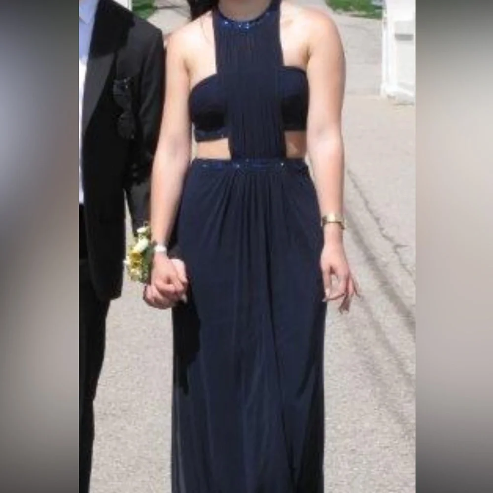 La Femme Navy Blue Maxi Dress with Subtle Sparkle Trim - Picture 7 of 8